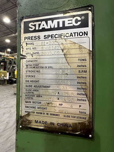 200 TON STAMTEC MODEL #G1-200 (NEW 2000) GAP FRAME PRESS