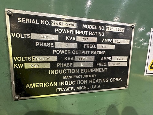 550 kW AMERICAN INDUCTION HEATING CORP AUTOMATIC BILLET INDUCTION HEATER SYSTEM