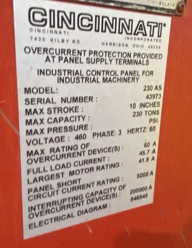 230 TON X 10' CINCINNATI M#230-8AS HYDRAULIC CNC PRESS BRAKE W/ CONTROLS