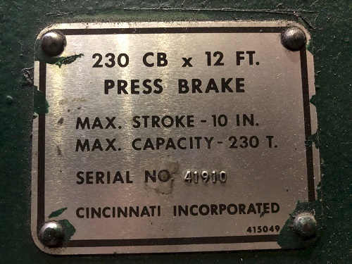 230 TON X 14' CINCINNATI MODEL #230CBX12 HYDRAULIC PRESS BRAKE