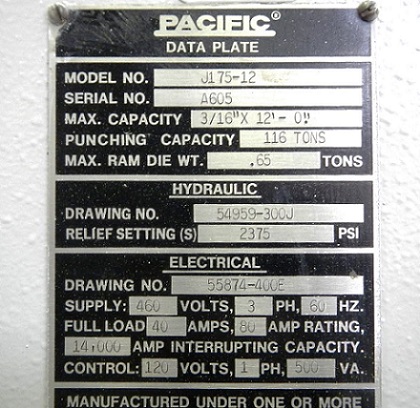 PACIFIC MODEL J175-12 HYD. PRESS BRAKE