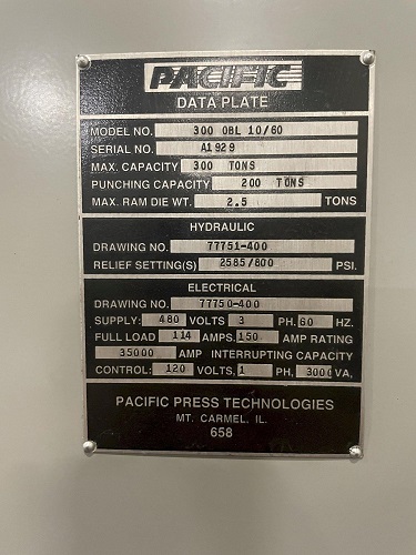 300 TON PACIFIC MODEL #300-OBL-10/60 STRAIGHT SIDE HYDRAULIC PRESS