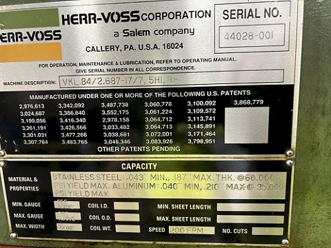 72 X .187 X 25,000# HERR VOSS / B&K CUT-TO-LENGTH LINE