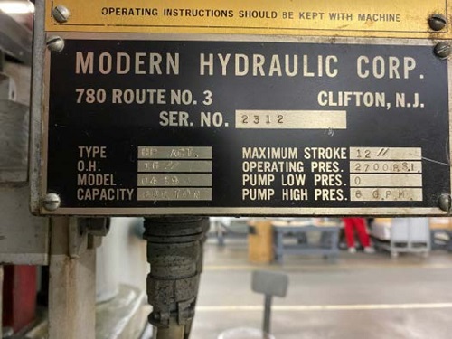 600 TON MODERN HYDRAULIC CORPORATION HOBBING PRESS