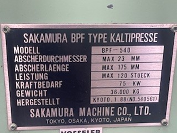 SAKAMURA #BPF-540, 6-STATION 5-DIE PARTS FORMER w/UNIVERSAL TRANSFER