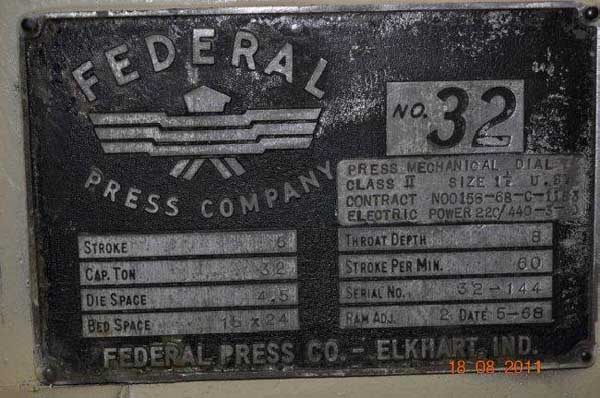 32 Ton FEDERAL OBI Press, 6 Str, 13-1/2 Shut Height, 3-1/2 Adjustment, 60 SPM