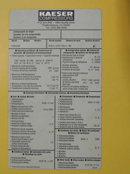 250 SCFM @ 100 PSIG @ 100 Deg KAESER Refrigerated Air Dryer, 300 PSIG Max