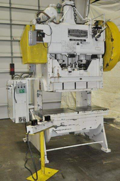 60 Ton JOHNSON Double Crank OBI Press, 4 Str, 15 SH, 56 x 22 Bed, 100 SPM
