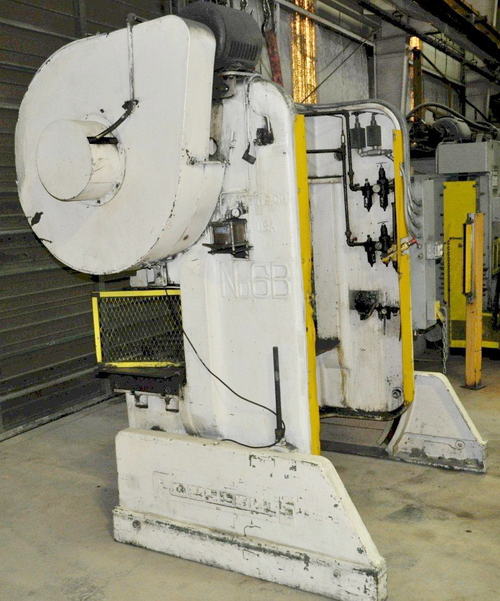 60 Ton ROUSSELLE Dbl Crank Gap Frame Press, 4 Str, 13 SH, 60 x 18 Bed, 5 HP