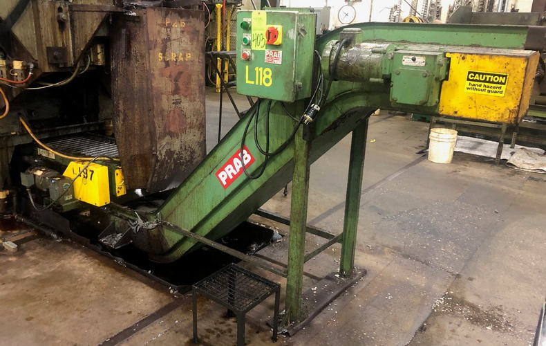 16 x 9' PRAB Steel Belt Scrap Conveyor, 2' Base Leg, 50 Rise, 2' Disch, 1/2 HP