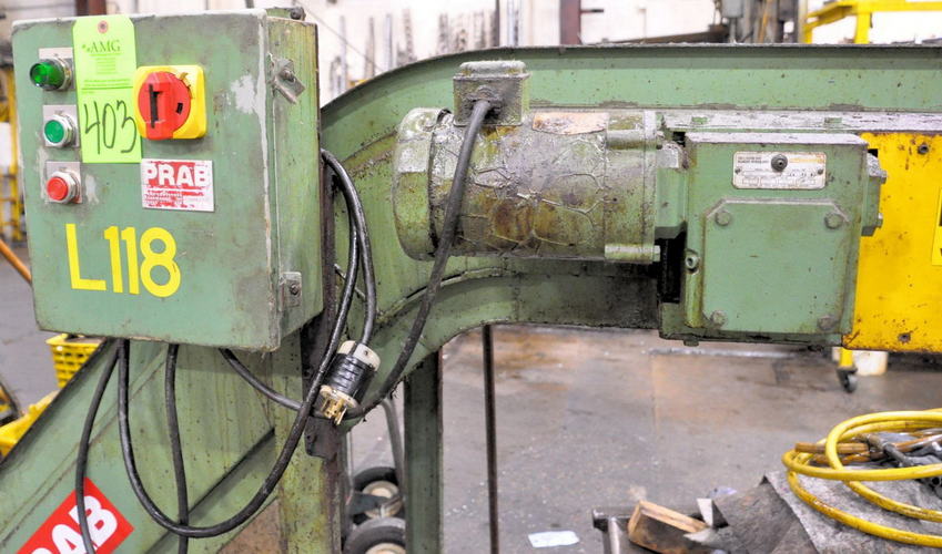 16 x 9' PRAB Steel Belt Scrap Conveyor, 2' Base Leg, 50 Rise, 2' Disch, 1/2 HP