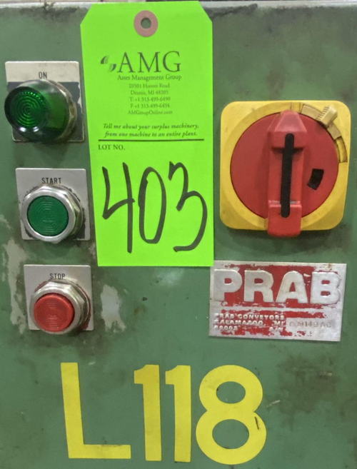 16 x 9' PRAB Steel Belt Scrap Conveyor, 2' Base Leg, 50 Rise, 2' Disch, 1/2 HP