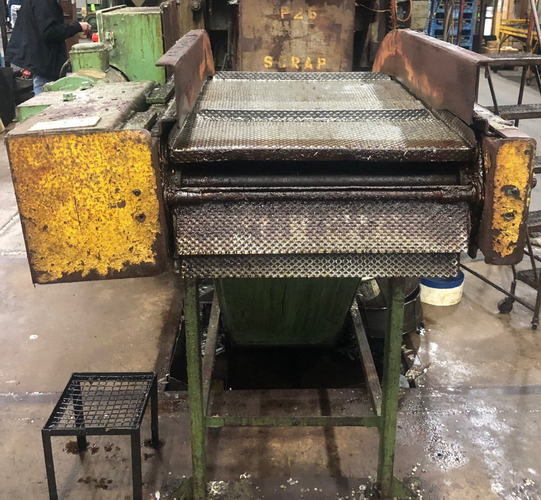 16 x 9' PRAB Steel Belt Scrap Conveyor, 2' Base Leg, 50 Rise, 2' Disch, 1/2 HP