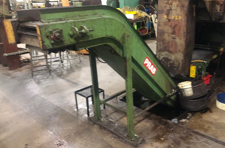 16 x 9' PRAB Steel Belt Scrap Conveyor, 2' Base Leg, 50 Rise, 2' Disch, 1/2 HP