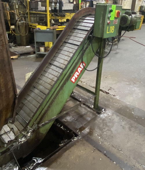 16 x 9' PRAB Steel Belt Scrap Conveyor, 2' Base Leg, 50 Rise, 2' Disch, 1/2 HP