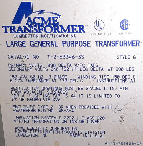 150 KVA, Pri 480, Sec 240 ACME Transformer